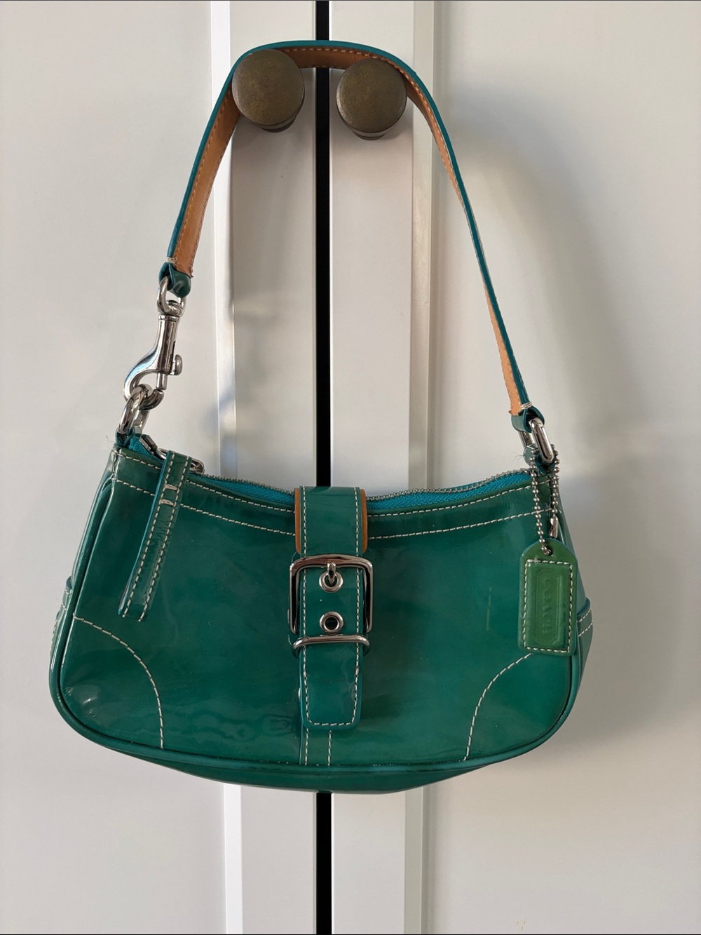 Coach Teal Patent Leather Shoulder Bag with Buckle